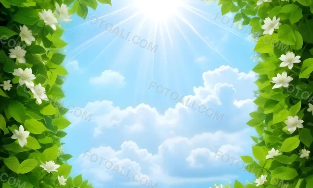 Digital Painting A Sunny Sky With Some Clouds And Green Leaves On The Borders Blue Light In The Center Light Blue Gradient Background Bold And Slim Lines Brush Strokes 8 4e7d