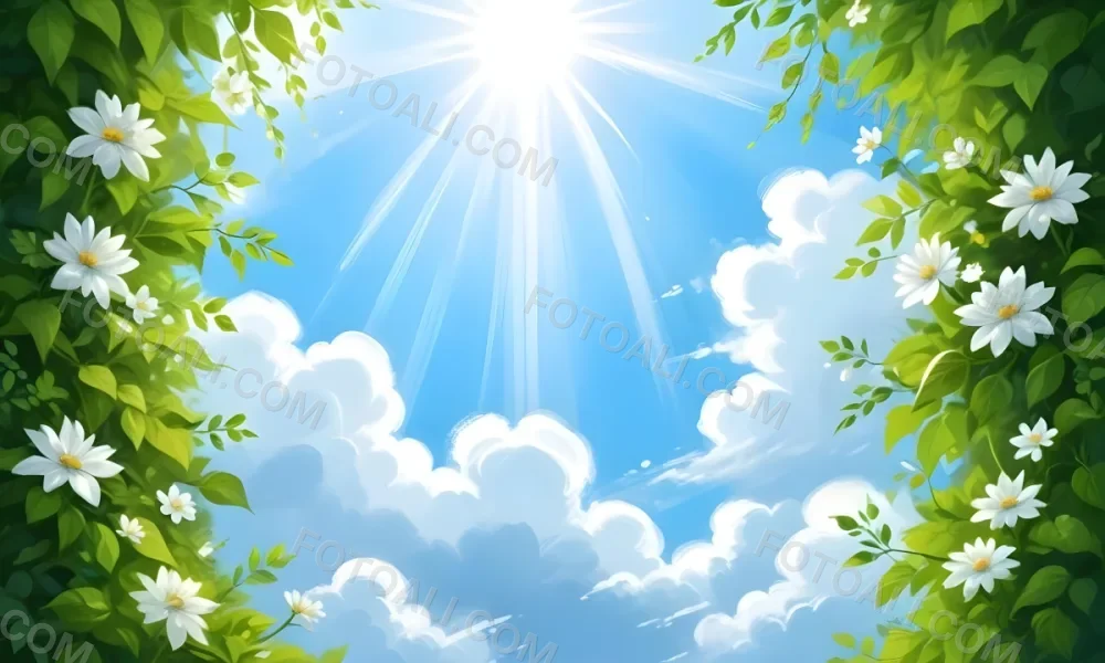 Digital Painting A Sunny Sky With Some Clouds And Green Leaves On The Borders Blue Light In The Center Light Blue Gradient Background Bold And Slim Lines Brush Strokes 9 4d3f