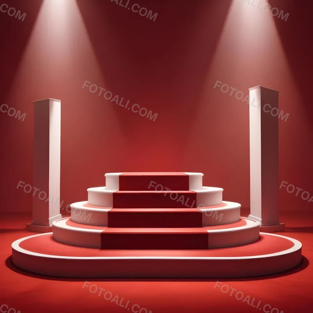 Digital Painting A Three Tiered White Podium With Red Carpet Illuminated By Two Spotlights Against A Solid Red Background Casting Shadows And Creating A Sense Of Depth Bold And Slim Lines Brush Strokes 12 62eb