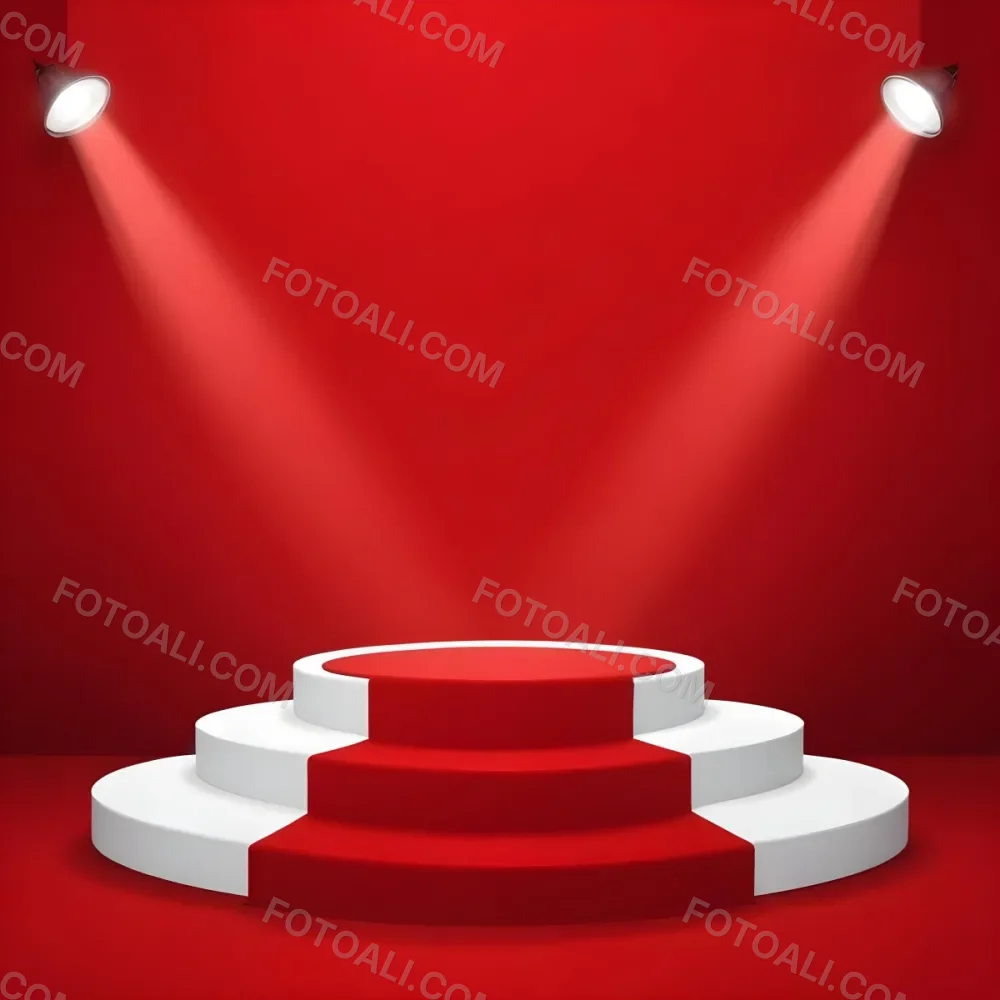 Digital Painting A Three Tiered White Podium With Red Carpet Illuminated By Two Spotlights Against A Solid Red Background Casting Shadows And Creating A Sense Of Depth Bold And Slim Lines Brush Strokes 13 8f55