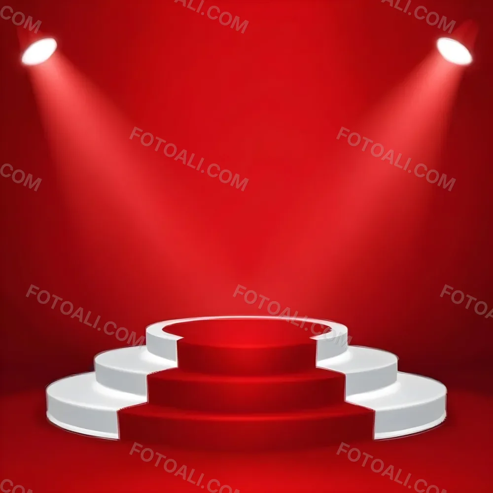 Digital Painting A Three Tiered White Podium With Red Carpet Illuminated By Two Spotlights Against A Solid Red Background Casting Shadows And Creating A Sense Of Depth Bold And Slim Lines Brush Strokes 16 B201