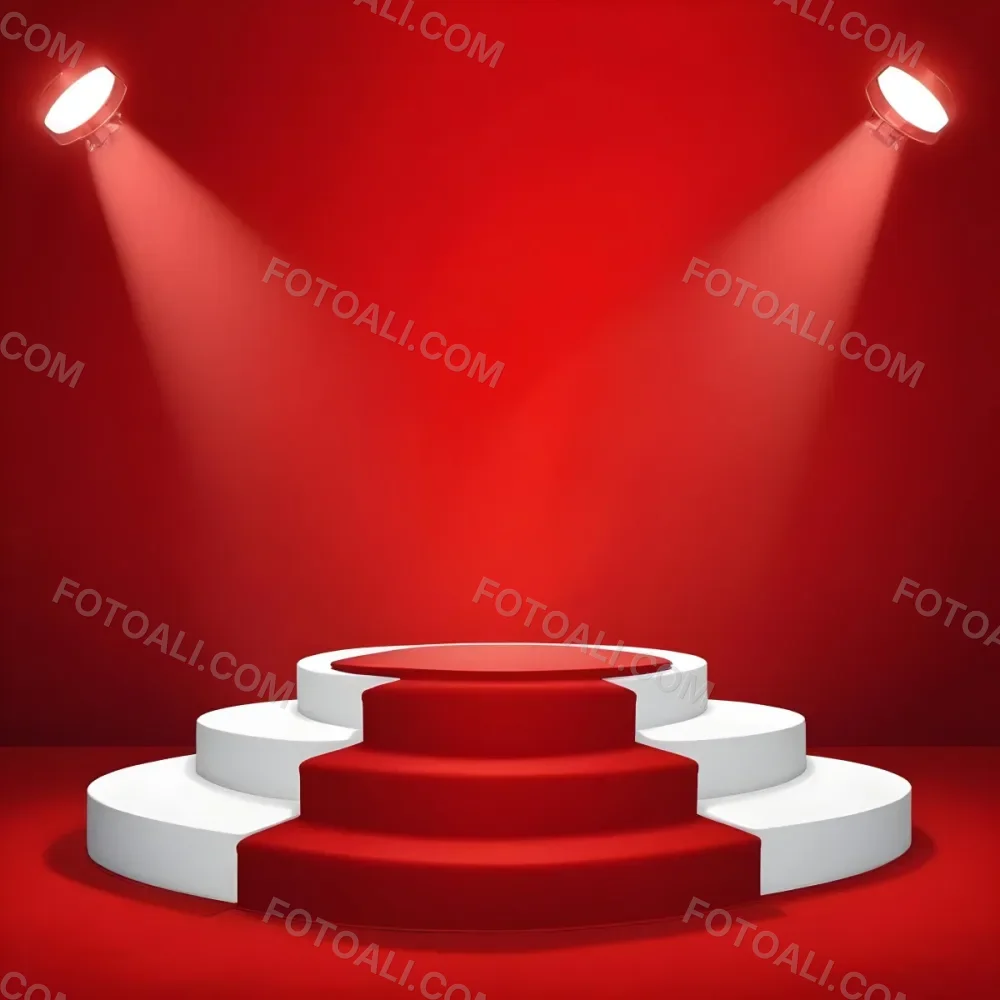 Digital Painting A Three Tiered White Podium With Red Carpet Illuminated By Two Spotlights Against A Solid Red Background Casting Shadows And Creating A Sense Of Depth Bold And Slim Lines Brush Strokes 2 C9e5