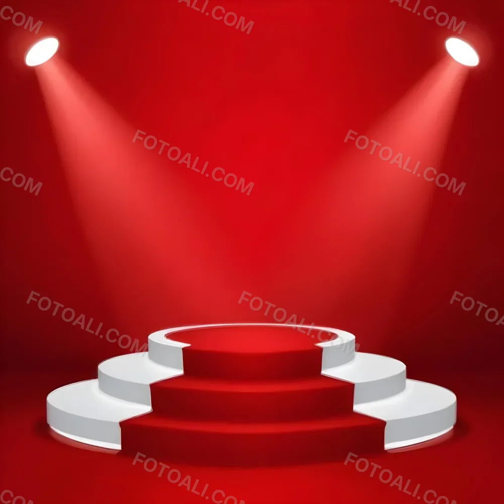 Digital Painting A Three Tiered White Podium With Red Carpet Illuminated By Two Spotlights Against A Solid Red Background Casting Shadows And Creating A Sense Of Depth Bold And Slim Lines Brush Strokes 20 E651