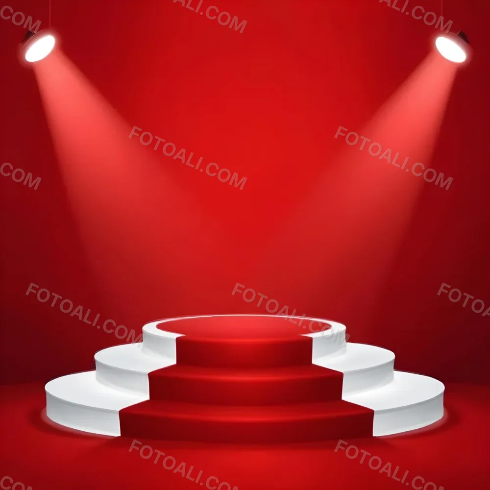 Digital Painting A Three Tiered White Podium With Red Carpet Illuminated By Two Spotlights Against A Solid Red Background Casting Shadows And Creating A Sense Of Depth Bold And Slim Lines Brush Strokes 24 36fa