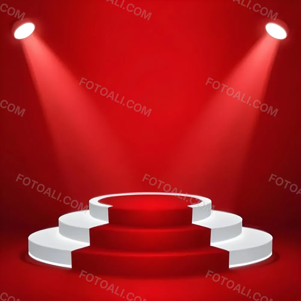 Digital Painting A Three Tiered White Podium With Red Carpet Illuminated By Two Spotlights Against A Solid Red Background Casting Shadows And Creating A Sense Of Depth Bold And Slim Lines Brush Strokes 3 D457