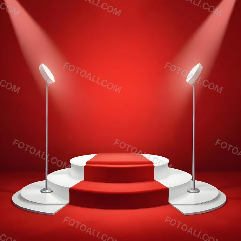 Digital Painting A Three Tiered White Podium With Red Carpet Illuminated By Two Spotlights Against A Solid Red Background Casting Shadows And Creating A Sense Of Depth Bold And Slim Lines Brush Strokes 4 A59d