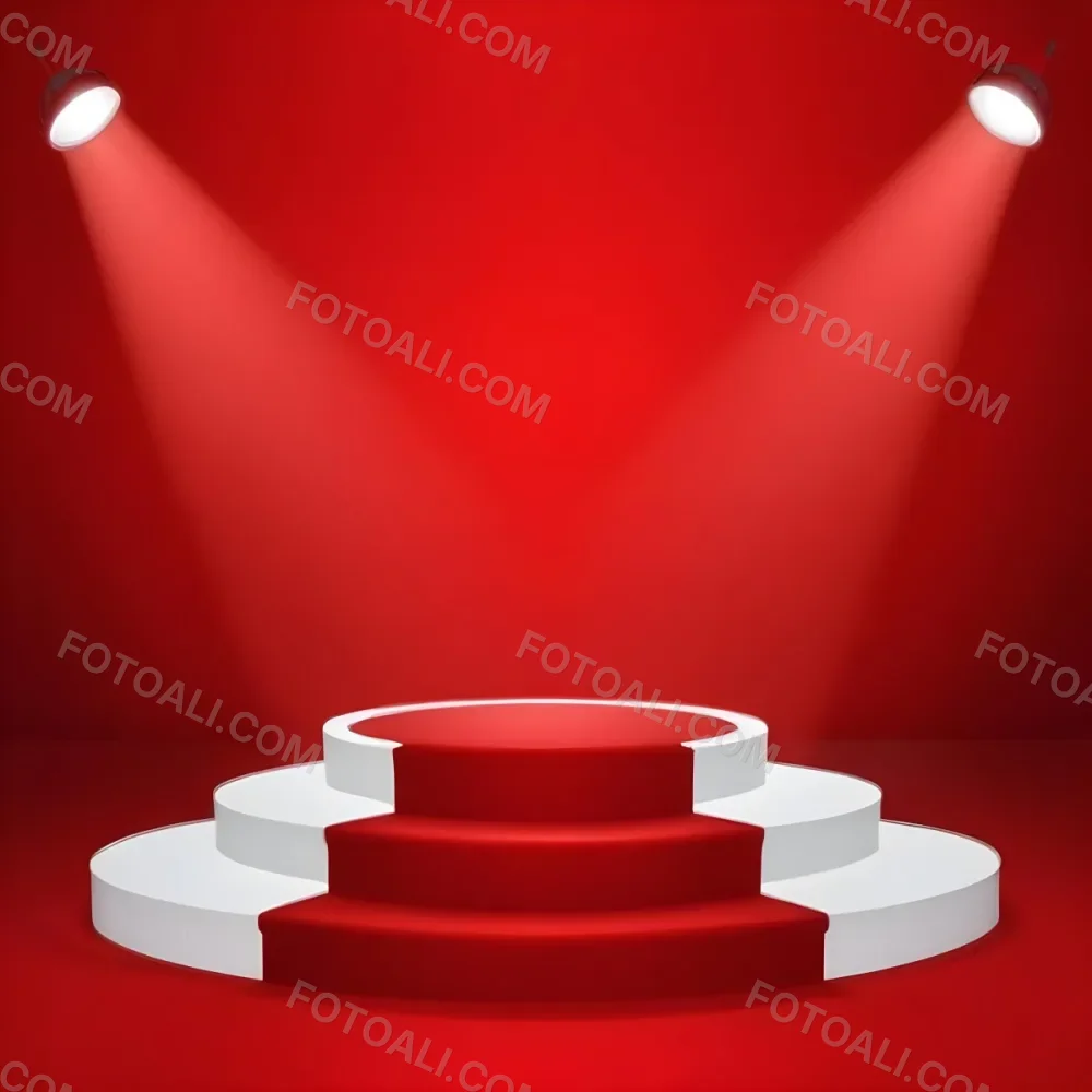 Digital Painting A Three Tiered White Podium With Red Carpet Illuminated By Two Spotlights Against A Solid Red Background Casting Shadows And Creating A Sense Of Depth Bold And Slim Lines Brush Strokes 5 1a8a