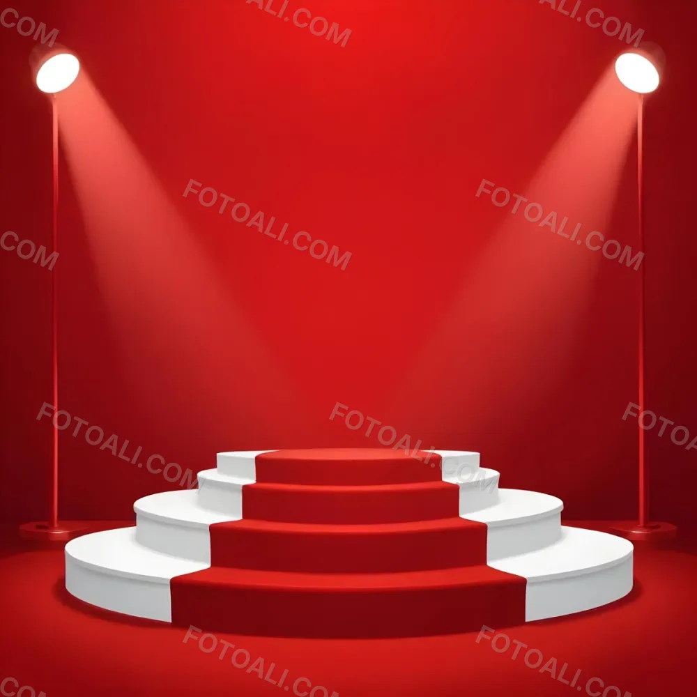 Digital Painting A Three Tiered White Podium With Red Carpet Illuminated By Two Spotlights Against A Solid Red Background Casting Shadows And Creating A Sense Of Depth Bold And Slim Lines Brush Strokes 6 657a