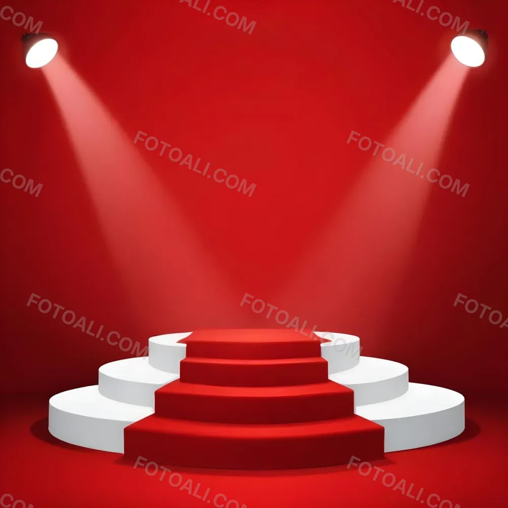 Digital Painting A Three Tiered White Podium With Red Carpet Illuminated By Two Spotlights Against A Solid Red Background Casting Shadows And Creating A Sense Of Depth Bold And Slim Lines Brush Strokes 7 4d69