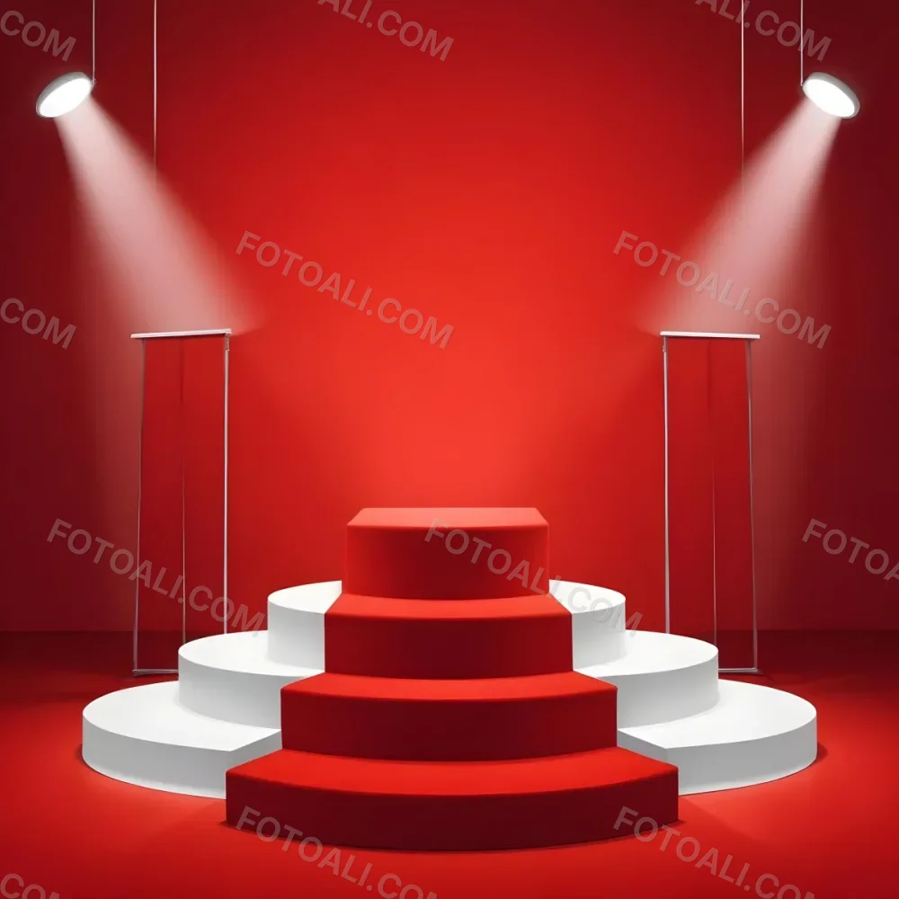 Digital Painting A Three Tiered White Podium With Red Carpet Illuminated By Two Spotlights Against A Solid Red Background Casting Shadows And Creating A Sense Of Depth Bold And Slim Lines Brush Strokes 8 D0dc