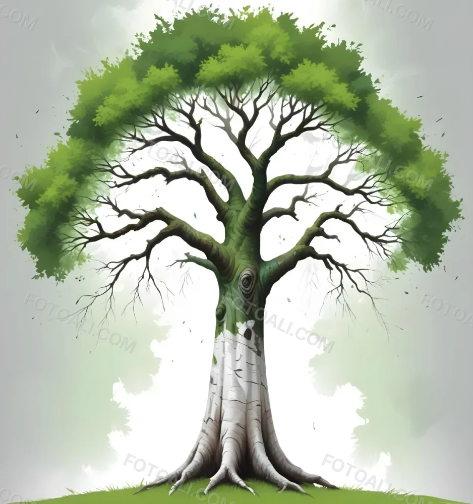 Digital Painting A Tree With A Trunk And Branches The Foliage Is The Shape Of The World Continents Green Grass At The Bottom White Background Bold And Slim Lines Brush Strokes 13 634e