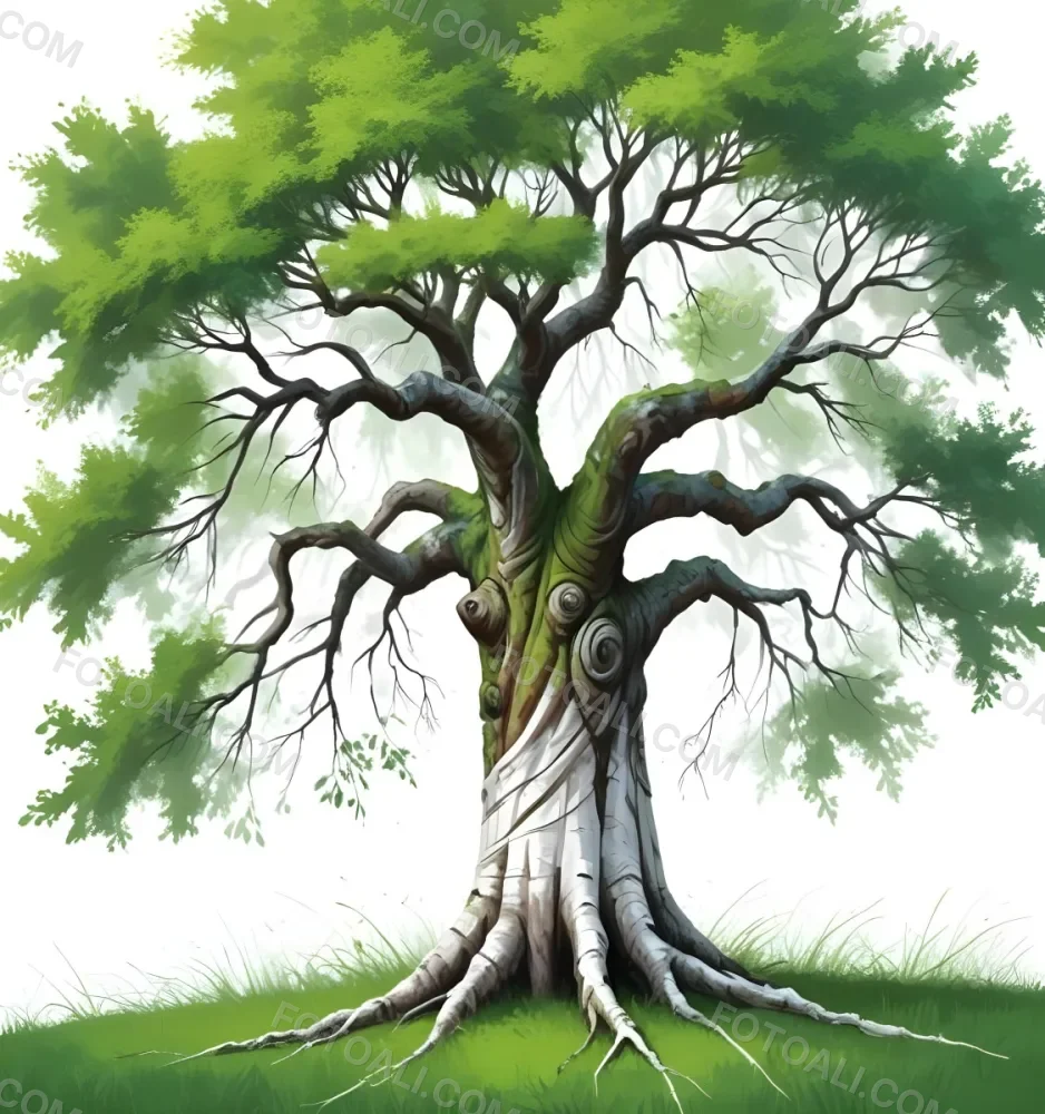 Digital Painting A Tree With A Trunk And Branches The Foliage Is The Shape Of The World Continents Green Grass At The Bottom White Background Bold And Slim Lines Brush Strokes 15 30cd