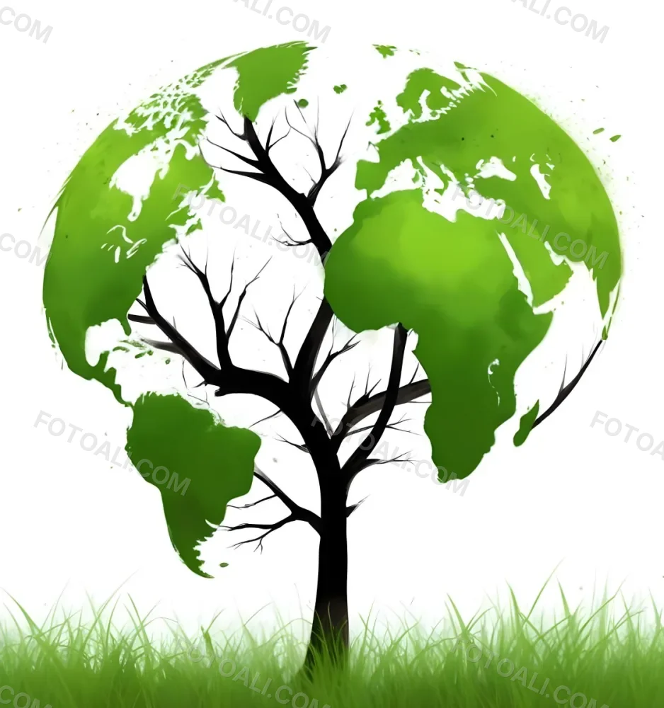 Digital Painting A Tree With A Trunk And Branches The Foliage Is The Shape Of The World Continents Green Grass At The Bottom White Background Bold And Slim Lines Brush Strokes 16 68ff