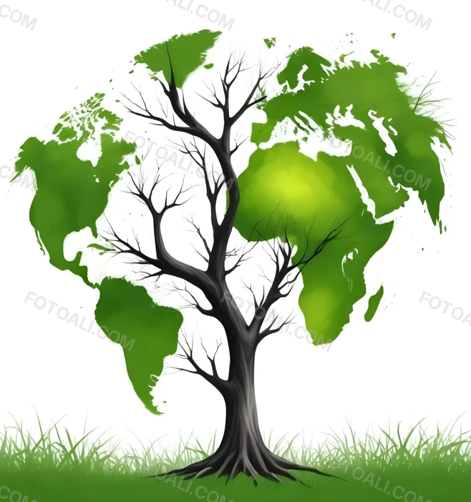 Digital Painting A Tree With A Trunk And Branches The Foliage Is The Shape Of The World Continents Green Grass At The Bottom White Background Bold And Slim Lines Brush Strokes 17 F847