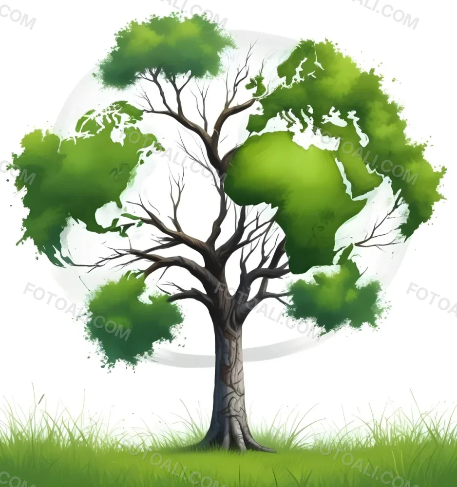 Digital Painting A Tree With A Trunk And Branches The Foliage Is The Shape Of The World Continents Green Grass At The Bottom White Background Bold And Slim Lines Brush Strokes 21 797e