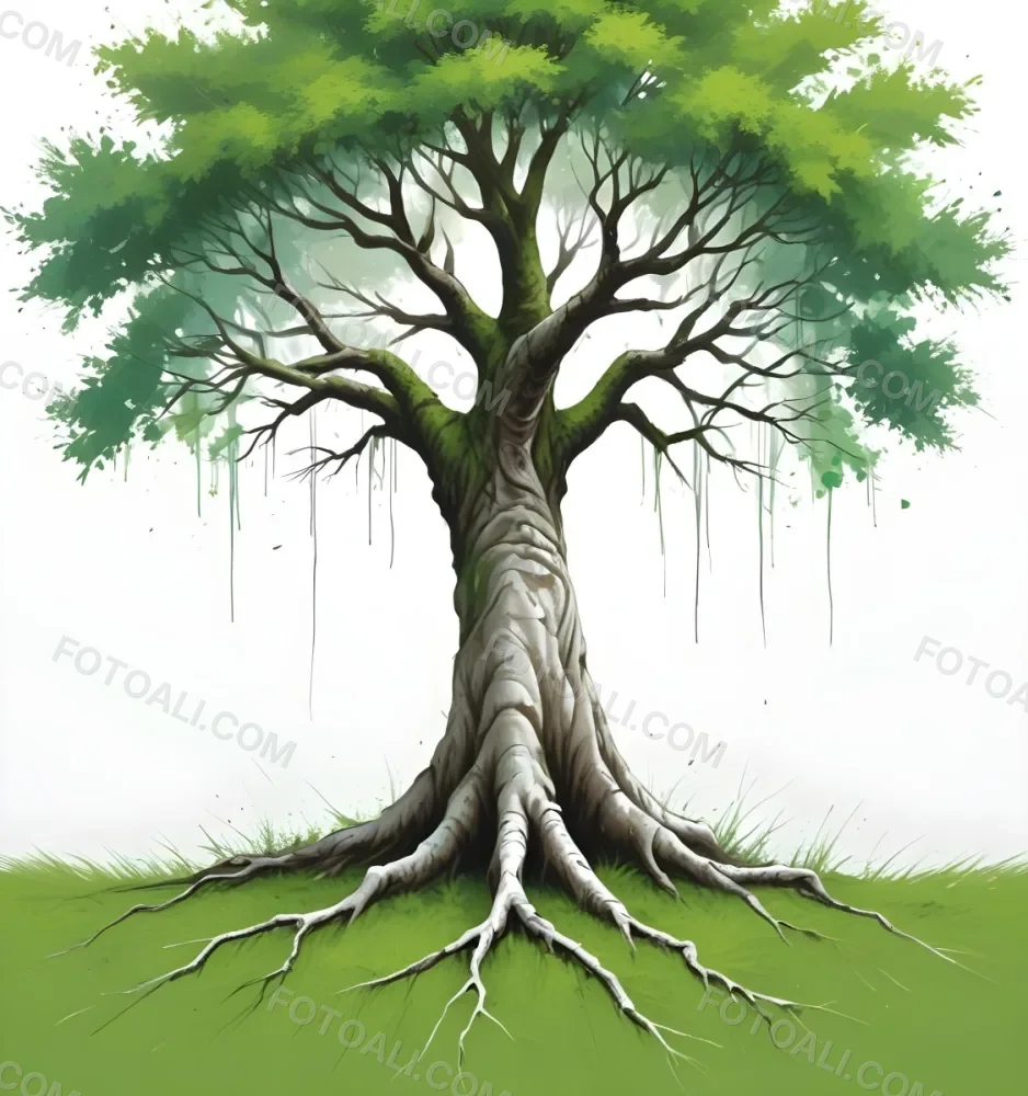 Digital Painting A Tree With A Trunk And Branches The Foliage Is The Shape Of The World Continents Green Grass At The Bottom White Background Bold And Slim Lines Brush Strokes 29 B328