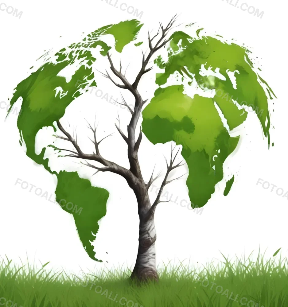 Digital Painting A Tree With A Trunk And Branches The Foliage Is The Shape Of The World Continents Green Grass At The Bottom White Background Bold And Slim Lines Brush Strokes 3 8aec