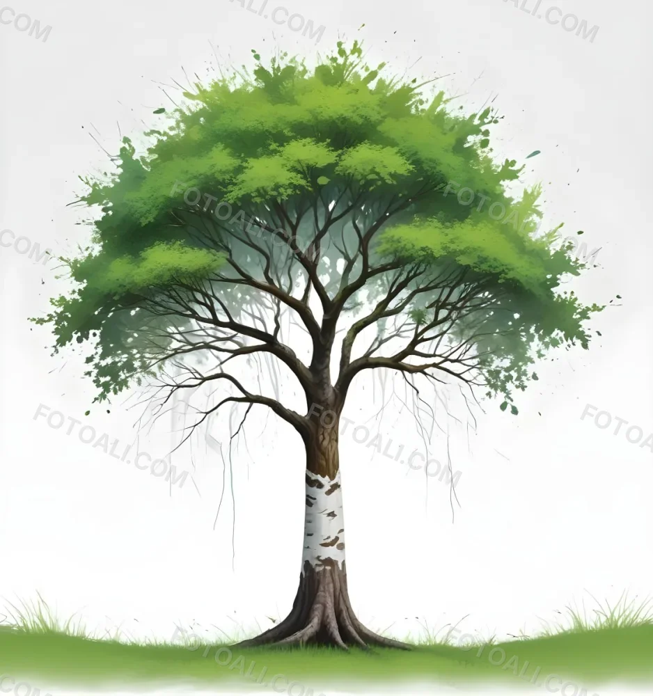 Digital Painting A Tree With A Trunk And Branches The Foliage Is The Shape Of The World Continents Green Grass At The Bottom White Background Bold And Slim Lines Brush Strokes 31 27c8