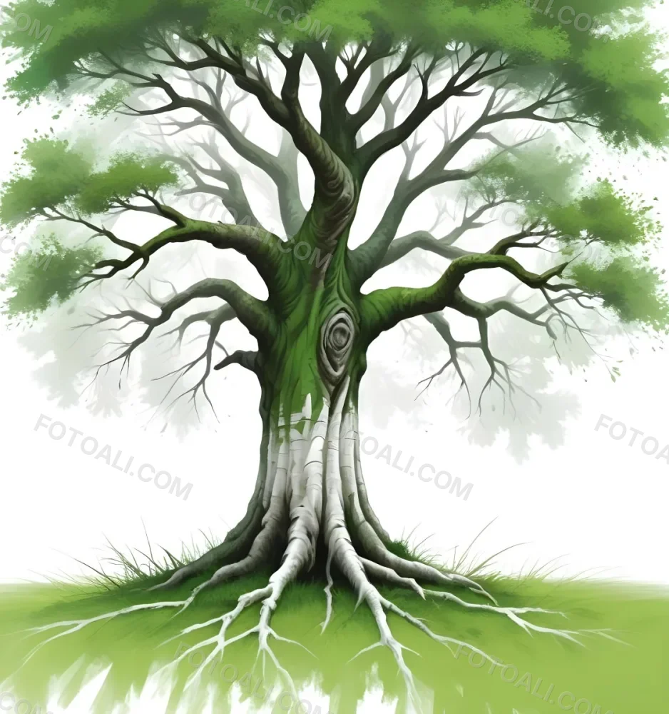 Digital Painting A Tree With A Trunk And Branches The Foliage Is The Shape Of The World Continents Green Grass At The Bottom White Background Bold And Slim Lines Brush Strokes 5 7c82
