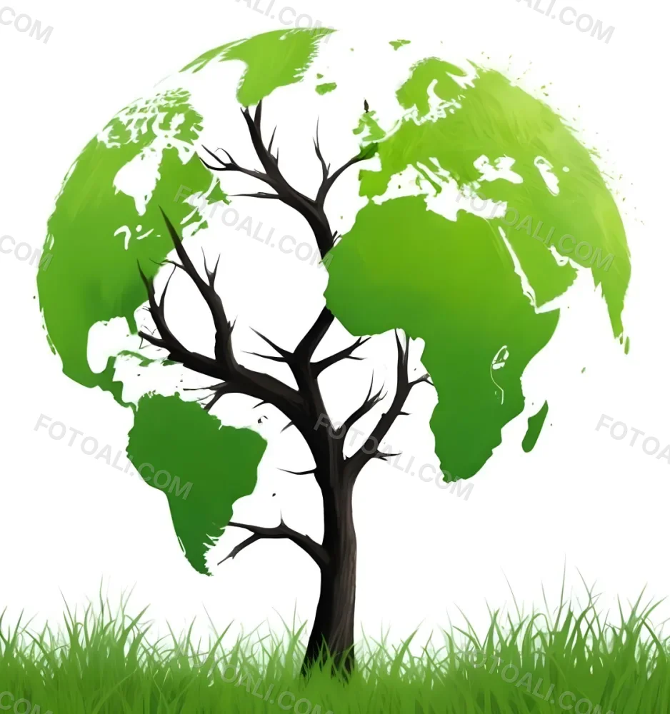 Digital Painting A Tree With A Trunk And Branches The Foliage Is The Shape Of The World Continents Green Grass At The Bottom White Background Bold And Slim Lines Brush Strokes 6 13ed
