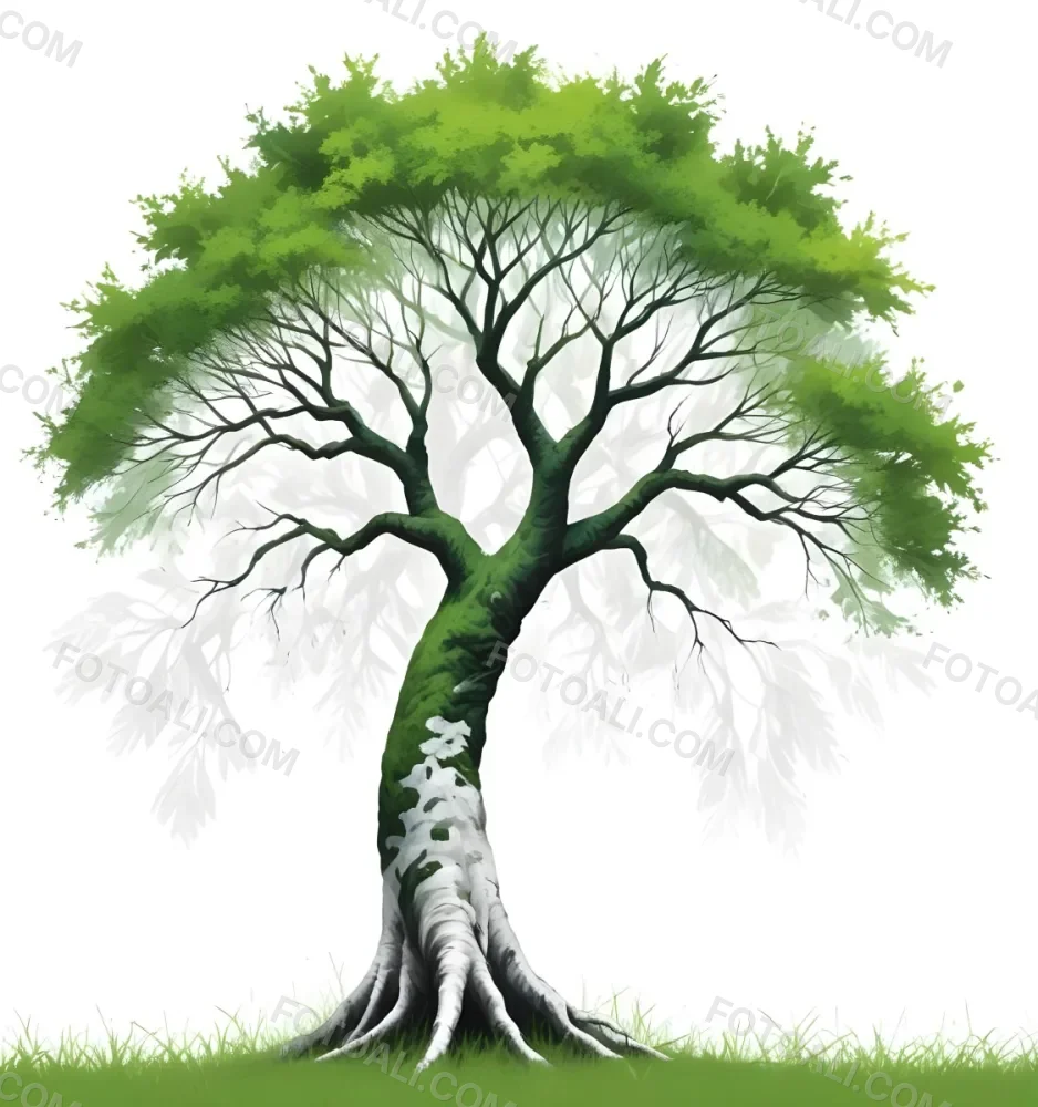 Digital Painting A Tree With A Trunk And Branches The Foliage Is The Shape Of The World Continents Green Grass At The Bottom White Background Bold And Slim Lines Brush Strokes 9 79c6
