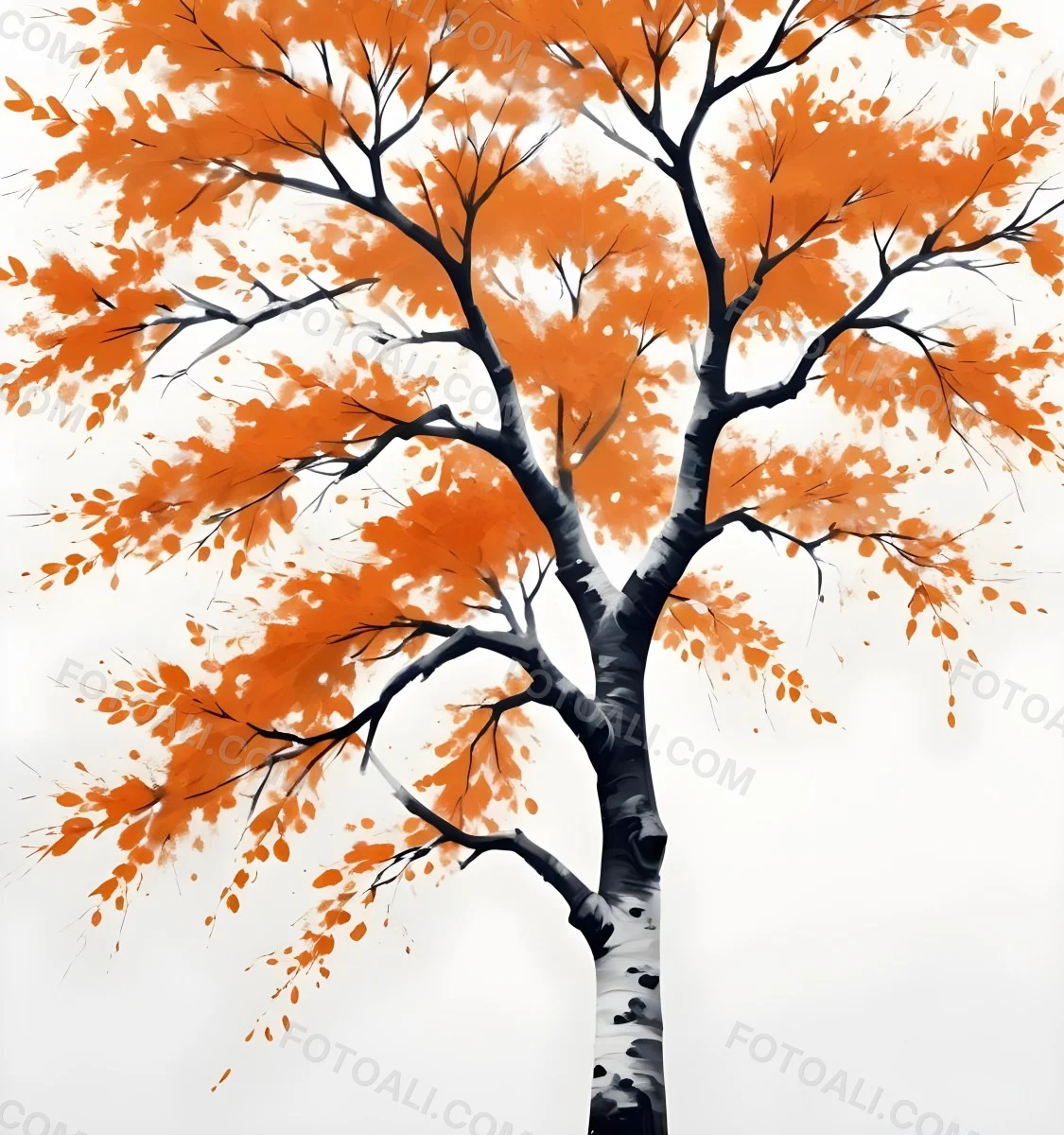 Digital Painting A Tree With Orange Leaves In Autumn White Background Bold And Slim Lines Brush Strokes 51 2c63