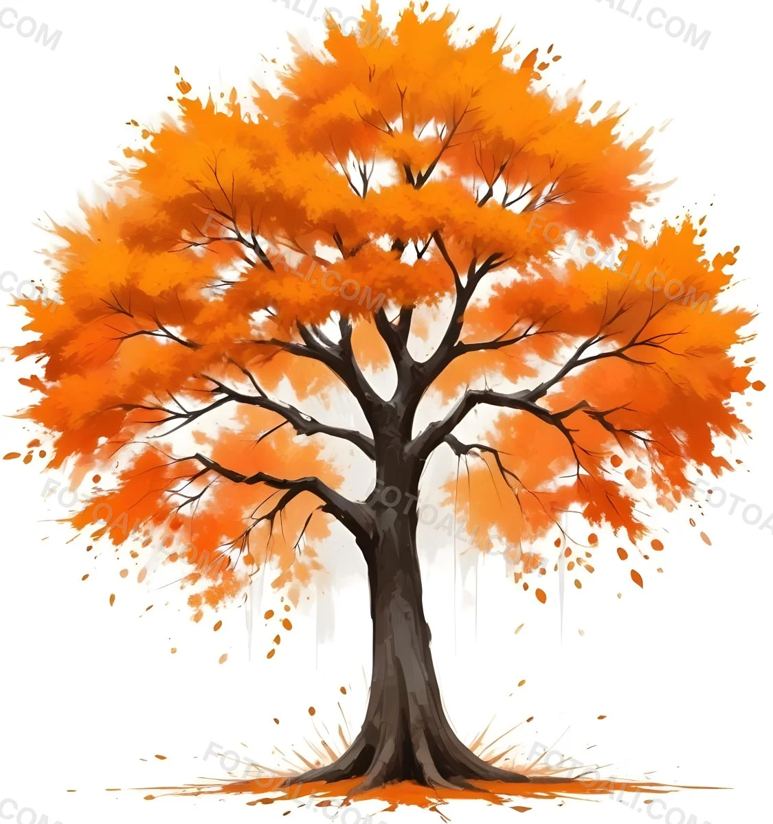 Digital Painting A Tree With Orange Leaves In Autumn White Background Bold And Slim Lines Brush Strokes 53 Cee9