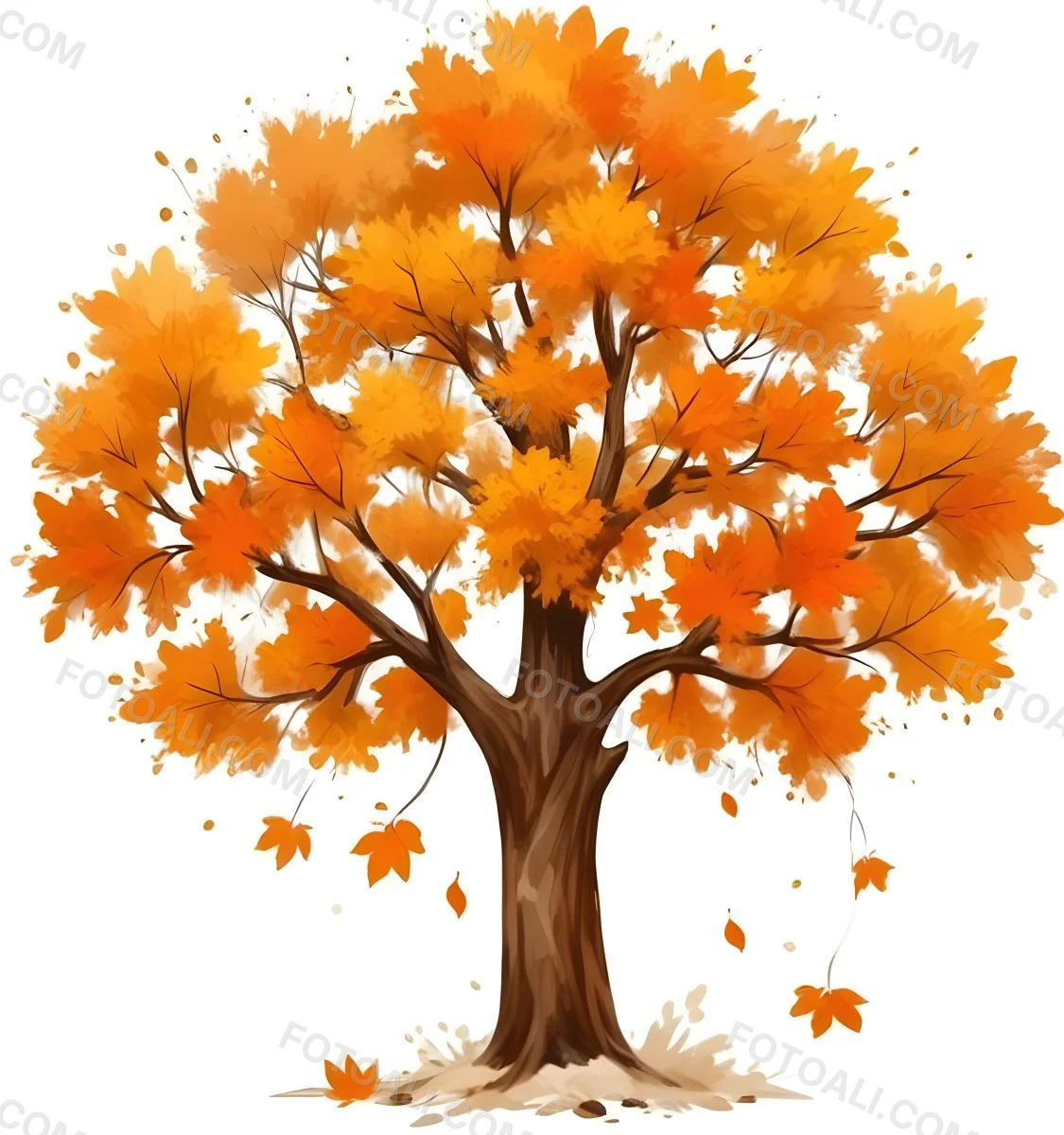 Digital Painting A Tree With Orange Leaves In Autumn White Background Bold And Slim Lines Brush Strokes 56 D12e