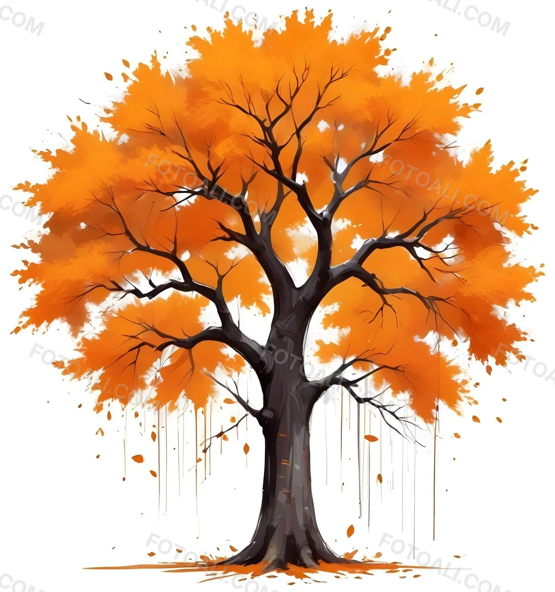 Digital Painting A Tree With Orange Leaves In Autumn White Background Bold And Slim Lines Brush Strokes 59 926b