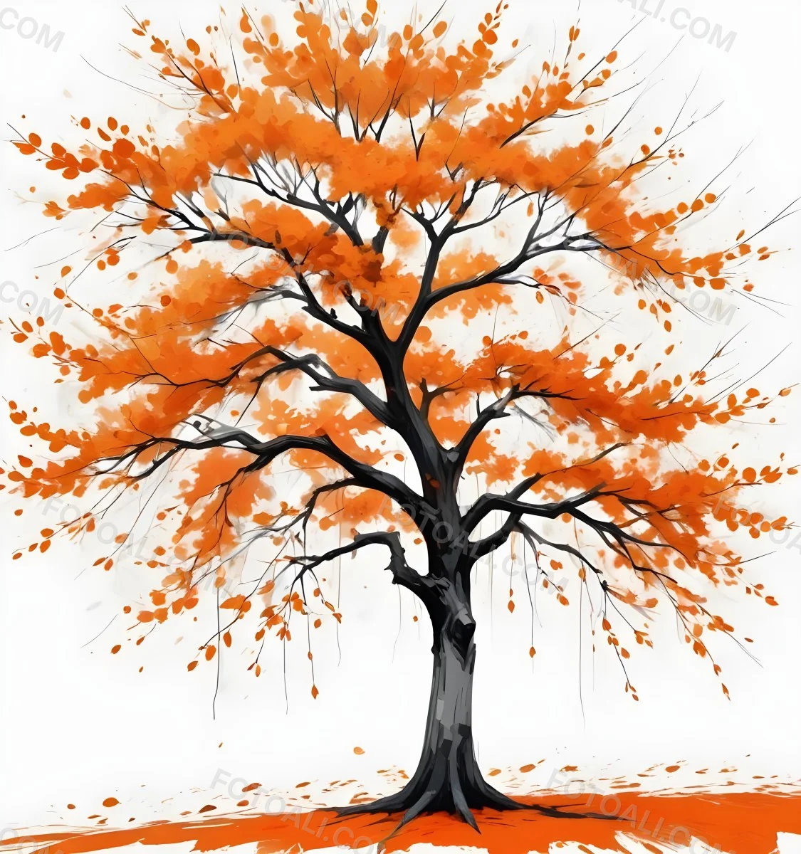 Digital Painting A Tree With Orange Leaves In Autumn White Background Bold And Slim Lines Brush Strokes 68 Edfa