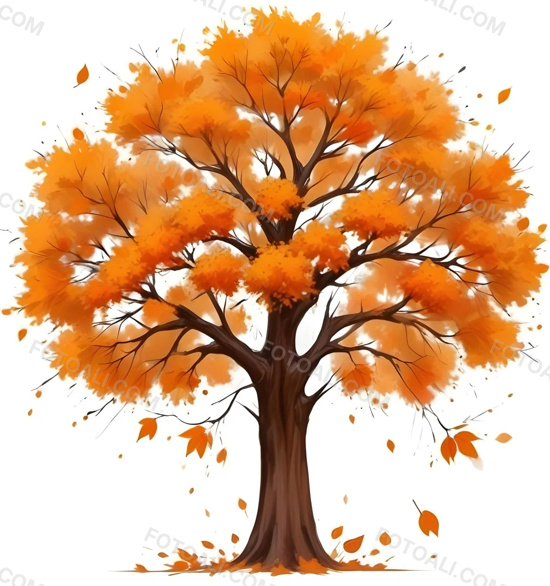 Digital Painting A Tree With Orange Leaves In Autumn White Background Bold And Slim Lines Brush Strokes 85 E0b3
