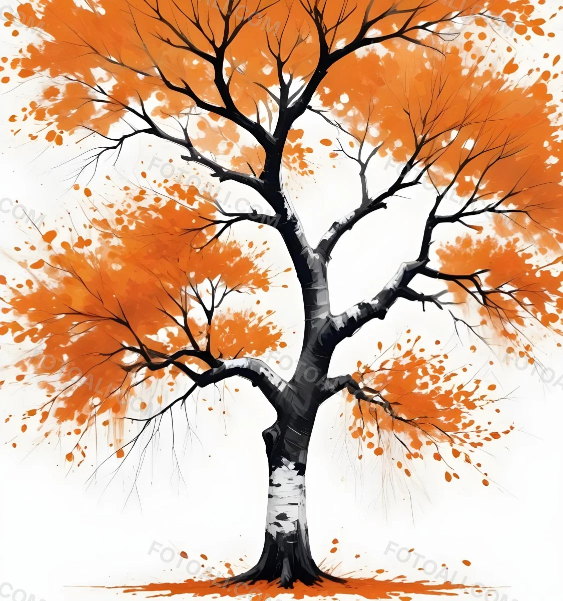 Digital Painting A Tree With Orange Leaves In Autumn White Background Bold And Slim Lines Brush Strokes 89 Ec51