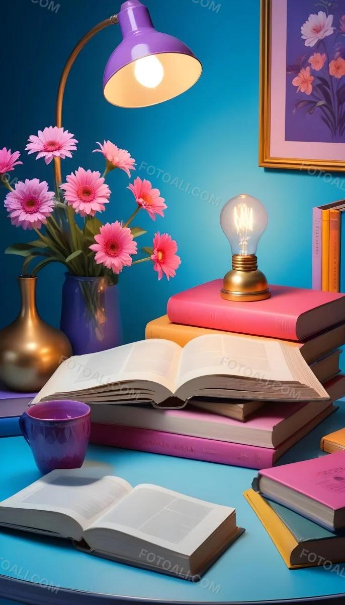 Digital Painting A Vibrant Scene Featuring An Open Book With A Pencil Resting Inside Surrounded By Stacked Colorful Books A Vase With Pink And Purple Flowers Is On The Left And A Warm Light Bulb On A Golden Base Illum 18 13c6