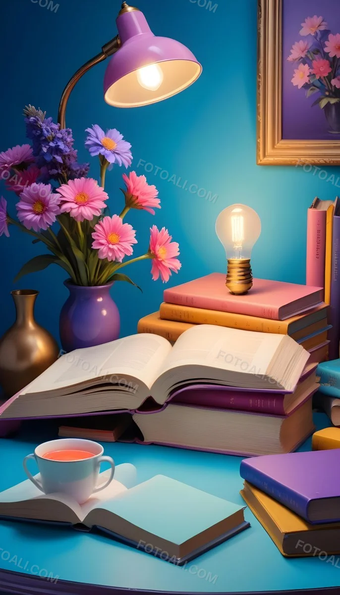 Digital Painting A Vibrant Scene Featuring An Open Book With A Pencil Resting Inside Surrounded By Stacked Colorful Books A Vase With Pink And Purple Flowers Is On The Left And A Warm Light Bulb On A Golden Base Illum 19 7a7c