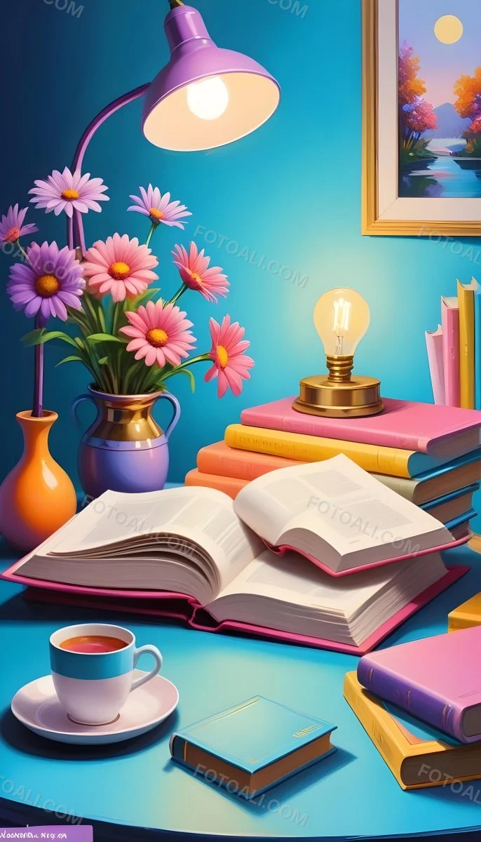 Digital Painting A Vibrant Scene Featuring An Open Book With A Pencil Resting Inside Surrounded By Stacked Colorful Books A Vase With Pink And Purple Flowers Is On The Left And A Warm Light Bulb On A Golden Base Illum 25 1842