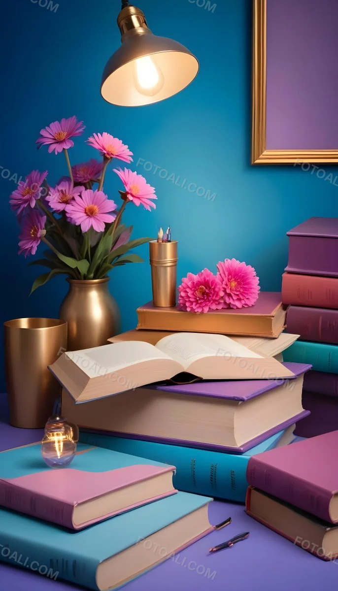 Digital Painting A Vibrant Scene Featuring An Open Book With A Pencil Resting Inside Surrounded By Stacked Colorful Books A Vase With Pink And Purple Flowers Is On The Left And A Warm Light Bulb On A Golden Base Illum 3 B5b5