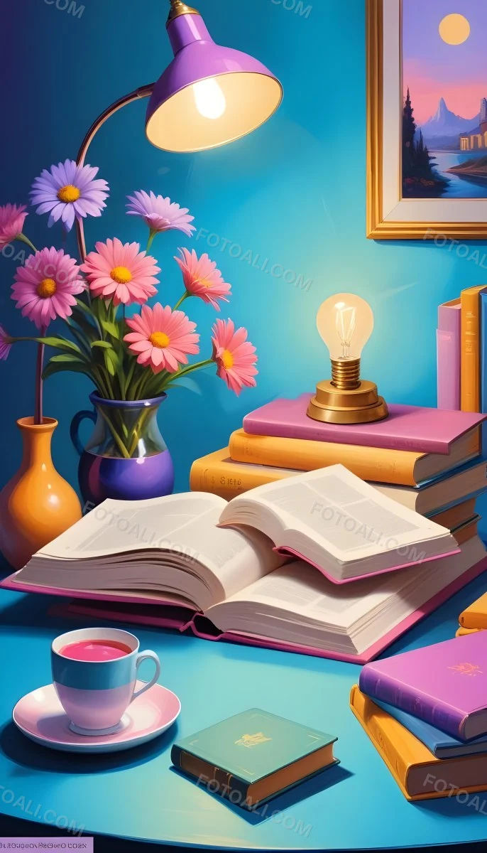 Digital Painting A Vibrant Scene Featuring An Open Book With A Pencil Resting Inside Surrounded By Stacked Colorful Books A Vase With Pink And Purple Flowers Is On The Left And A Warm Light Bulb On A Golden Base Illum 30 9fe5
