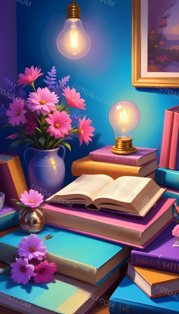 Digital Painting A Vibrant Scene Featuring An Open Book With A Pencil Resting Inside Surrounded By Stacked Colorful Books A Vase With Pink And Purple Flowers Is On The Left And A Warm Light Bulb On A Golden Base Illum 31 D2ae