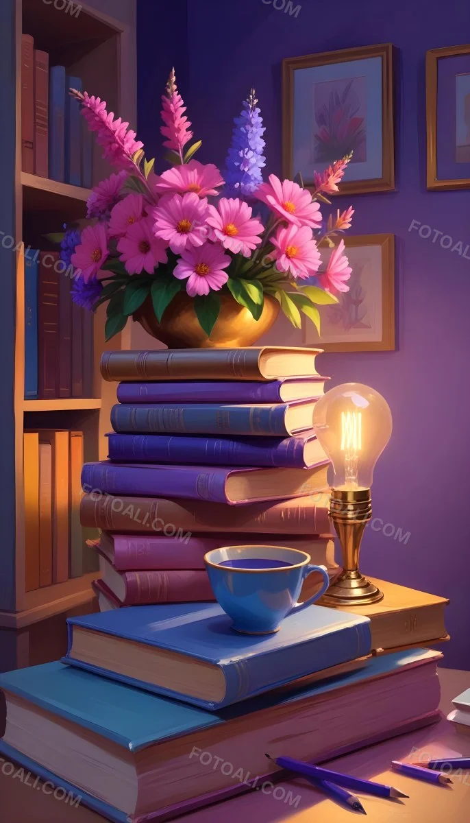 Digital Painting A Vibrant Scene Featuring An Open Book With A Pencil Resting Inside Surrounded By Stacked Colorful Books A Vase With Pink And Purple Flowers Is On The Left And A Warm Light Bulb On A Golden Base Illum 34 C62b