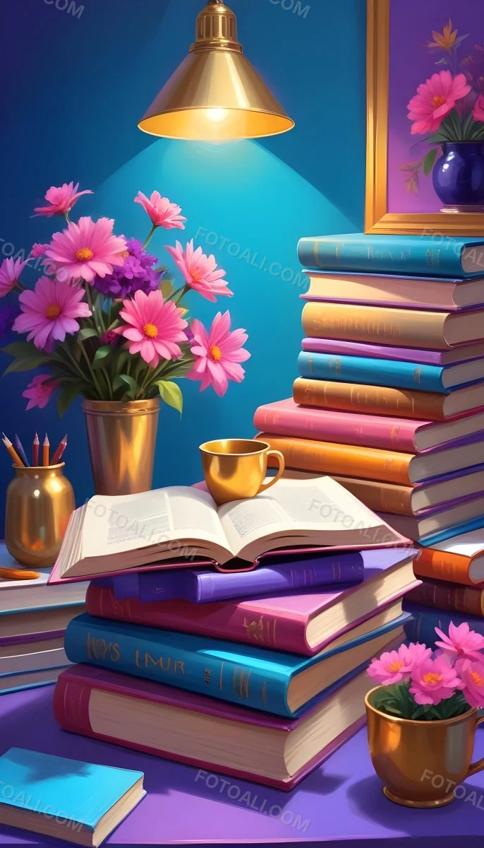 Digital Painting A Vibrant Scene Featuring An Open Book With A Pencil Resting Inside Surrounded By Stacked Colorful Books A Vase With Pink And Purple Flowers Is On The Left And A Warm Light Bulb On A Golden Base Illum 35 69fd