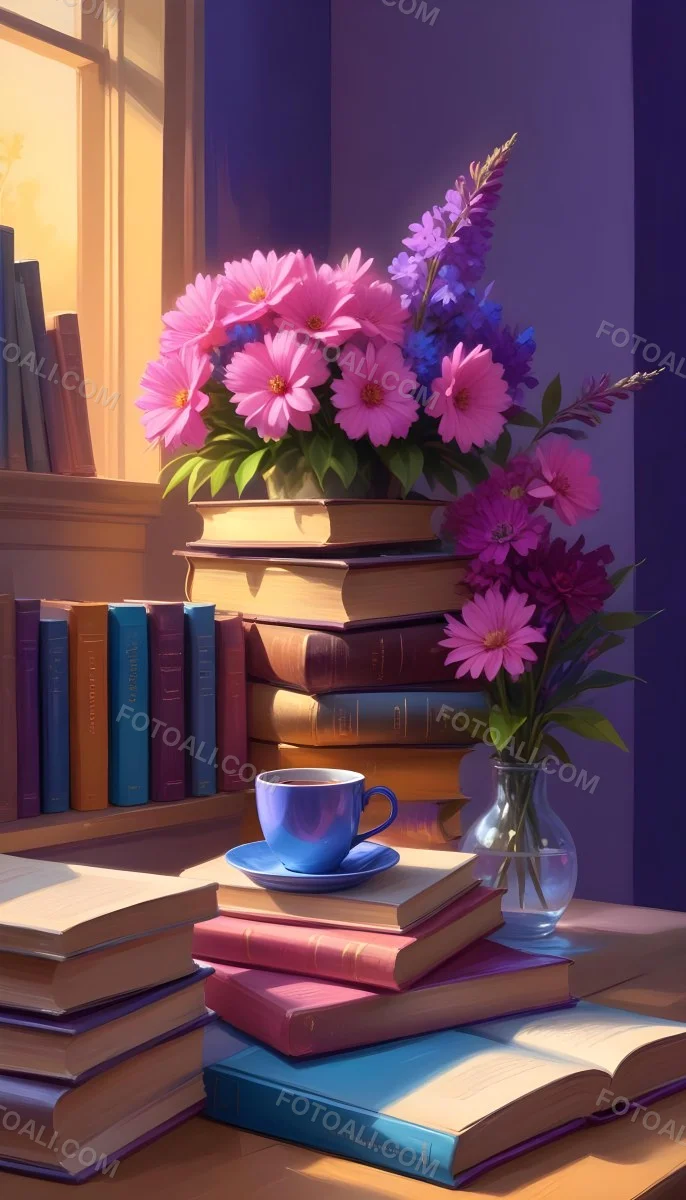 Digital Painting A Vibrant Scene Featuring An Open Book With A Pencil Resting Inside Surrounded By Stacked Colorful Books A Vase With Pink And Purple Flowers Is On The Left And A Warm Light Bulb On A Golden Base Illum 36 4f60