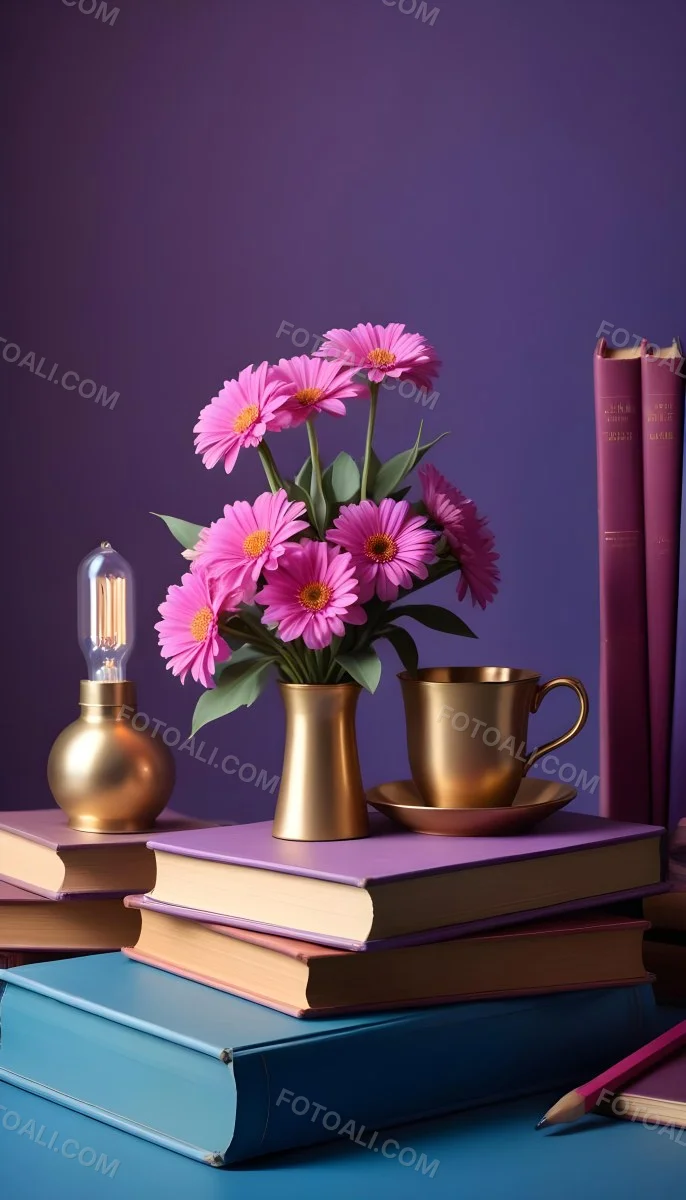 Digital Painting A Vibrant Scene Featuring An Open Book With A Pencil Resting Inside Surrounded By Stacked Colorful Books A Vase With Pink And Purple Flowers Is On The Left And A Warm Light Bulb On A Golden Base Illum 5 Db8a
