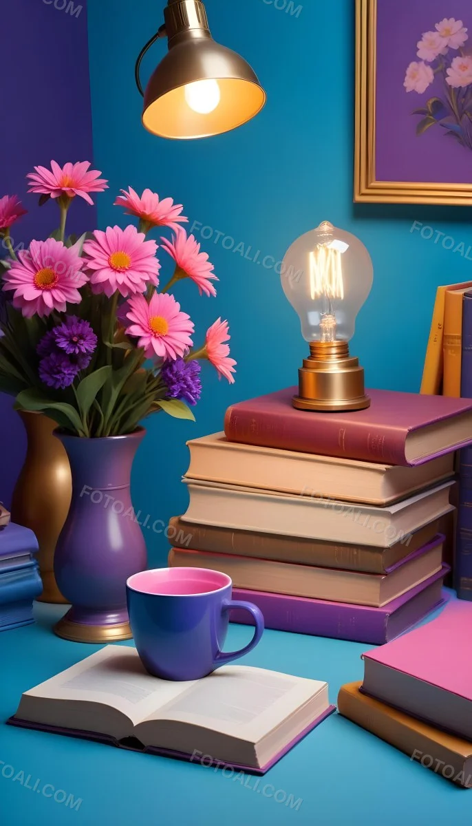Digital Painting A Vibrant Scene Featuring An Open Book With A Pencil Resting Inside Surrounded By Stacked Colorful Books A Vase With Pink And Purple Flowers Is On The Left And A Warm Light Bulb On A Golden Base Illum 9 79de