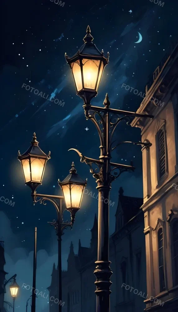 Digital Painting A Vintage Street Lamp With Three Lights Illuminating A Gothic Building At Night Stars In The Sky Dark Blue Background Bold And Slim Lines Brush Strokes 11 Ba86