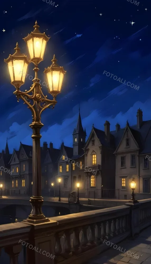 Digital Painting A Vintage Street Lamp With Three Lights Illuminating A Gothic Building At Night Stars In The Sky Dark Blue Background Bold And Slim Lines Brush Strokes 4 Dc6f