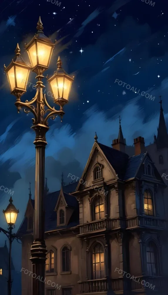 Digital Painting A Vintage Street Lamp With Three Lights Illuminating A Gothic Building At Night Stars In The Sky Dark Blue Background Bold And Slim Lines Brush Strokes 5 712f
