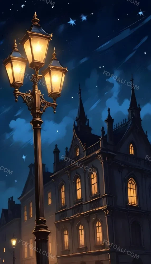 Digital Painting A Vintage Street Lamp With Three Lights Illuminating A Gothic Building At Night Stars In The Sky Dark Blue Background Bold And Slim Lines Brush Strokes 7 8a88