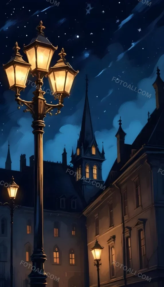 Digital Painting A Vintage Street Lamp With Three Lights Illuminating A Gothic Building At Night Stars In The Sky Dark Blue Background Bold And Slim Lines Brush Strokes 8 3c86