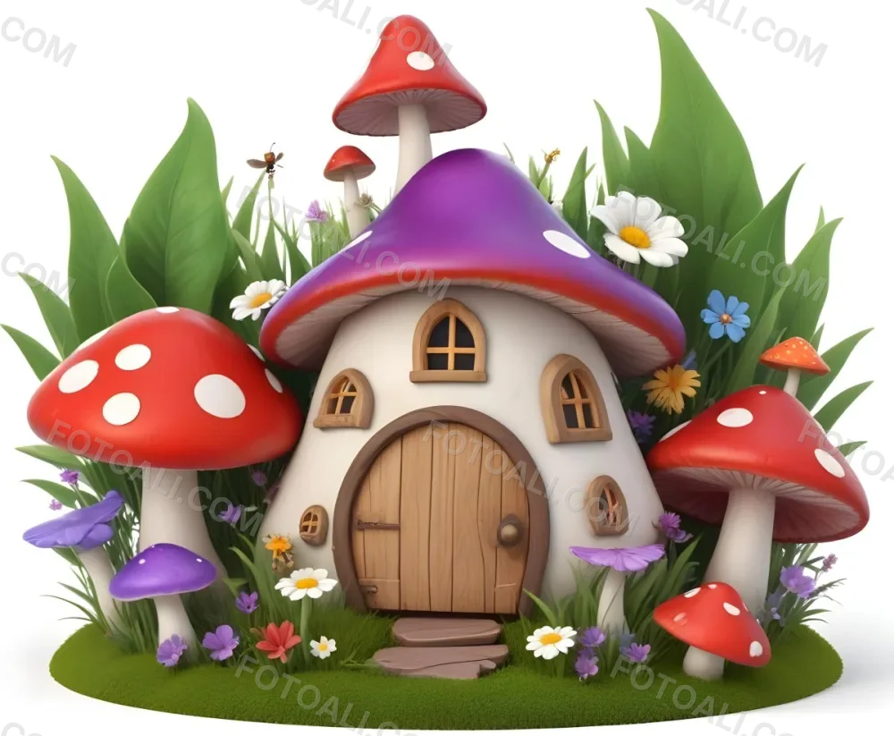Digital Painting A Whimsical Scene Featuring A Small Mushroom House With A Red Roof And White Spots Surrounded By Large Purple Mushrooms Green Grass And Colorful Flowers There Are Several Cartoonish Ants One Wearing 17 D8da
