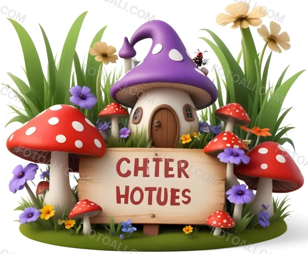 Digital Painting A Whimsical Scene Featuring A Small Mushroom House With A Red Roof And White Spots Surrounded By Large Purple Mushrooms Green Grass And Colorful Flowers There Are Several Cartoonish Ants One Wearing 19 F256